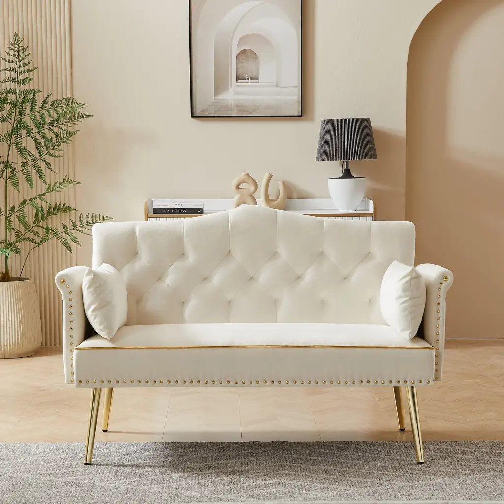 Cream White 2 Seater Sofa Tufted Back Velvet Upholstery cy furniture