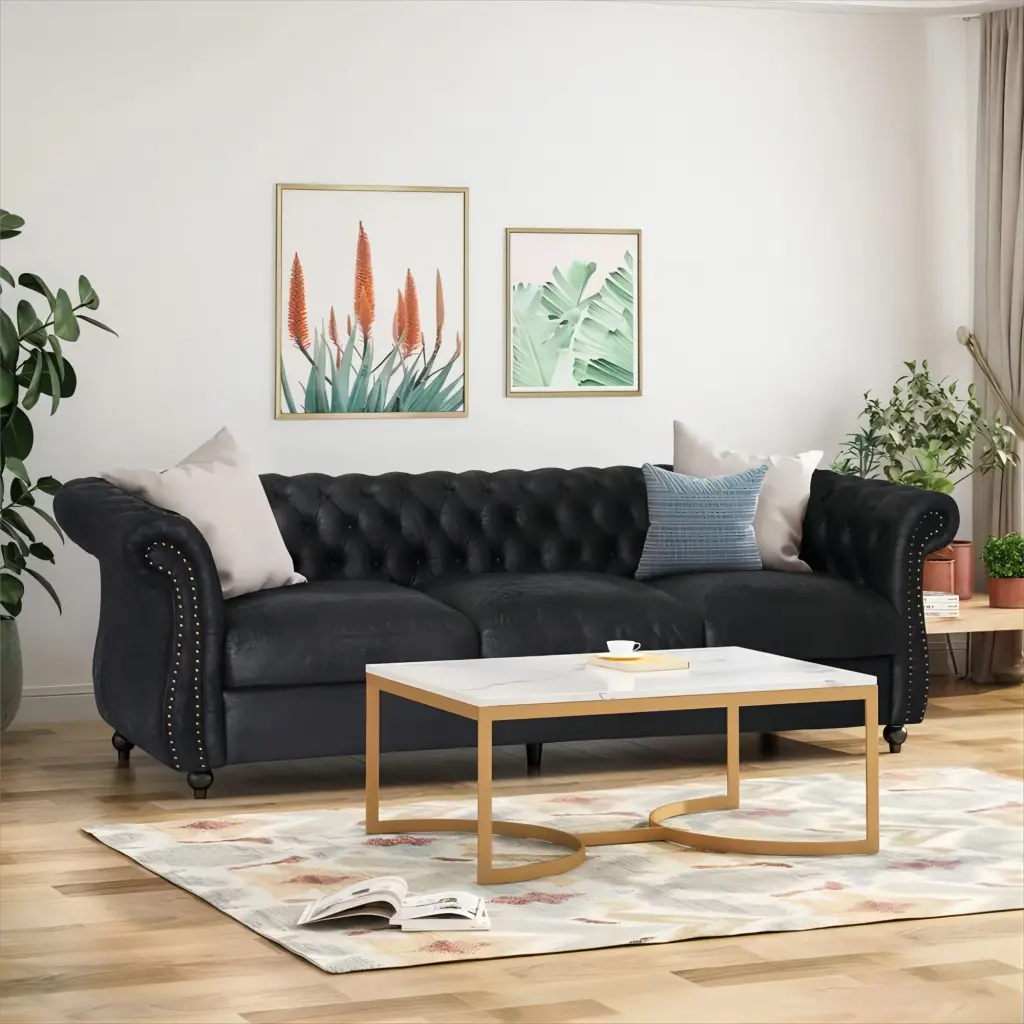 Black 3 Seater Faux Suede Sofa Rolled Arms Modern Elegant Living Room Furniture nh-echo