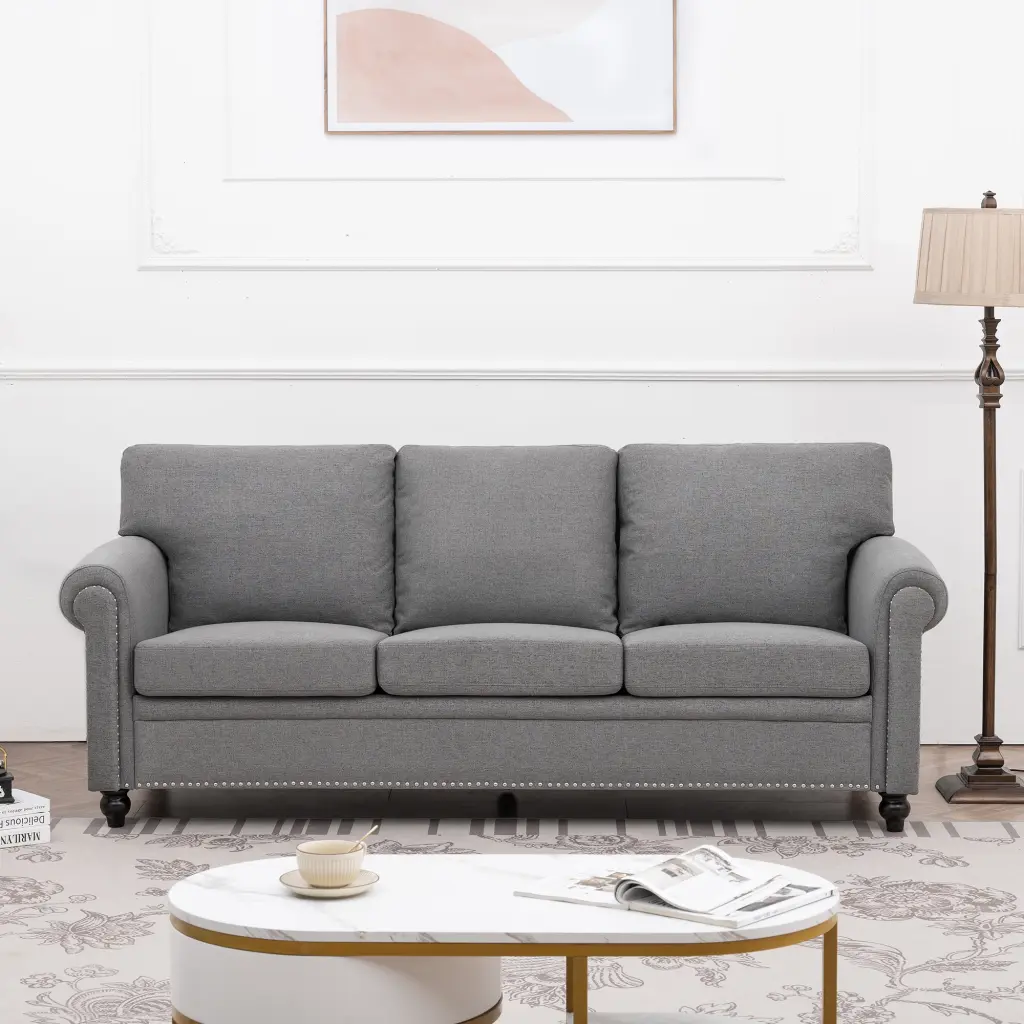 3 Seater Sofa Grey Foam Material Comfortable Living Room Couch Wooden Legs rnb