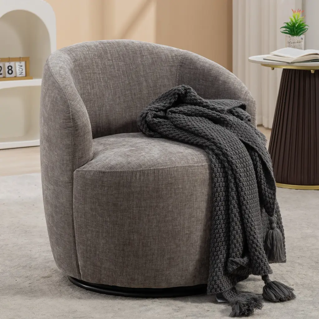037 Chenille Material Swivel Accent Armchair Barrel Chair Black Powder Coated Base dg collection