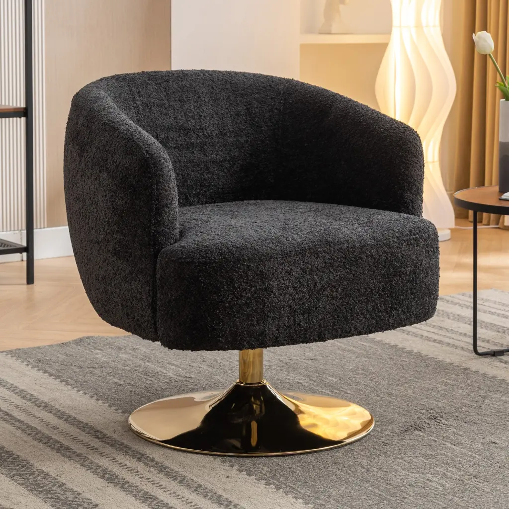 Chenille Swivel Accent Chair Metallic Round Base Black Living Room Furniture dg collection