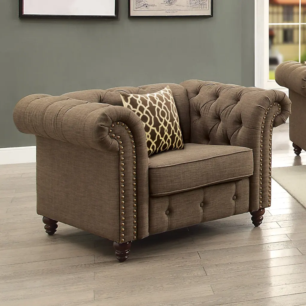 Brown Tufted Accent Chair Pillow Timber Frame Living Room Chair furniture max