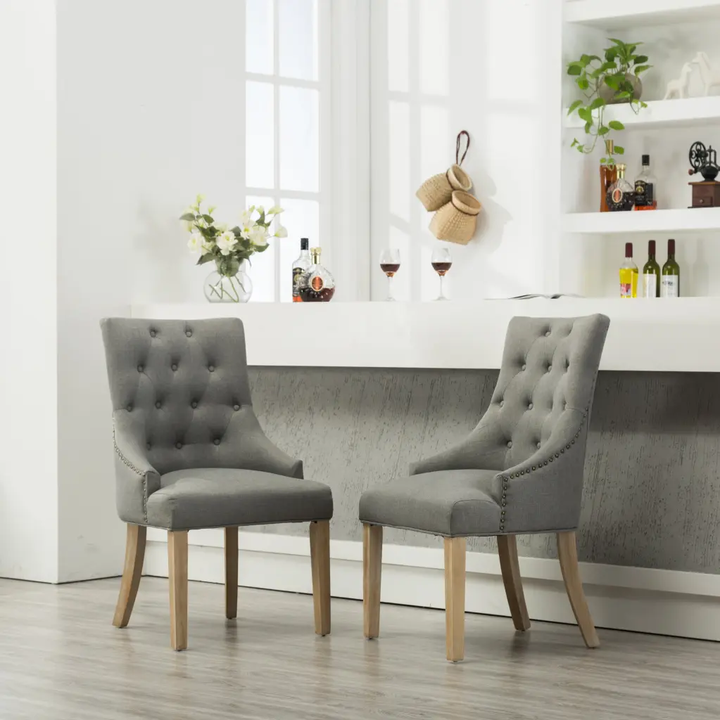 Grey Button Tufted Solid Timber Wingback Hostess Chairs Nail Heads hz