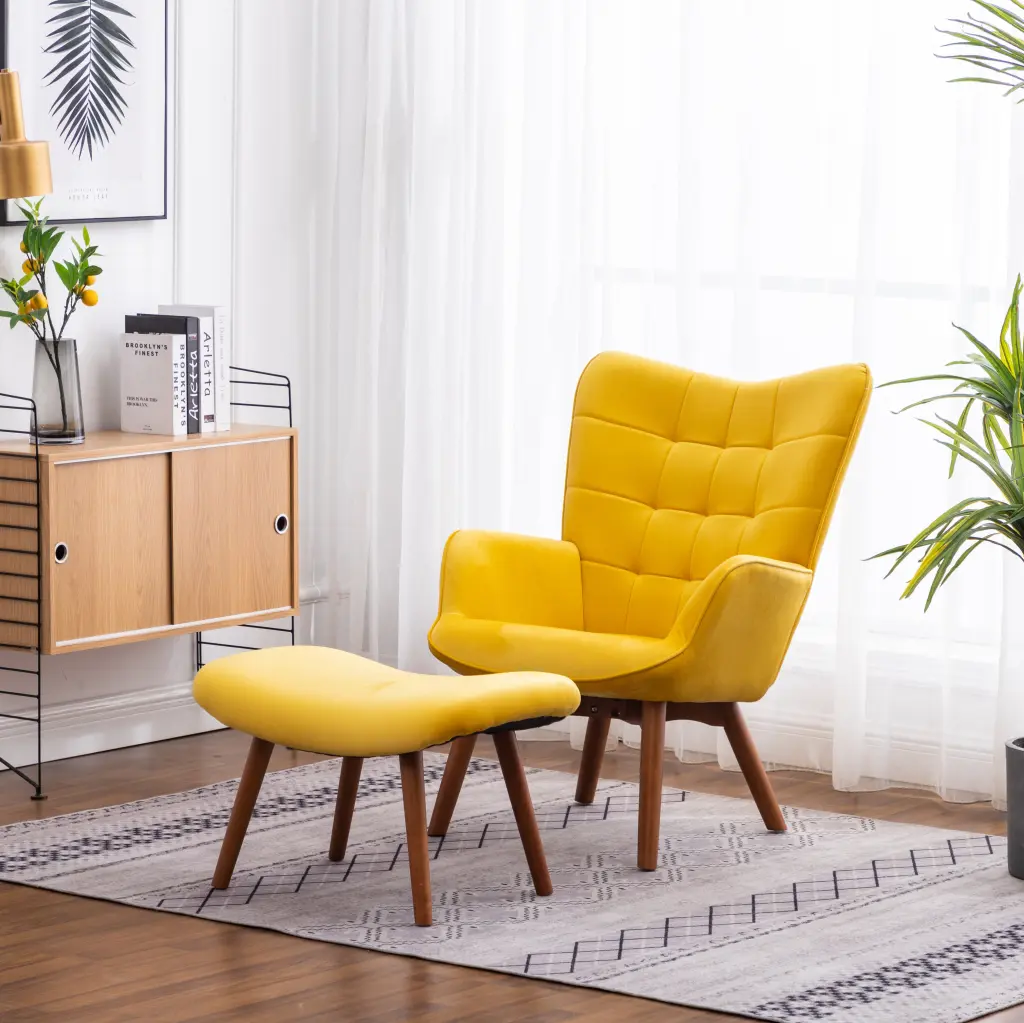 Leiria Contemporary Silky Velvet Tufted Accent Chair Ottoman Yellow hz