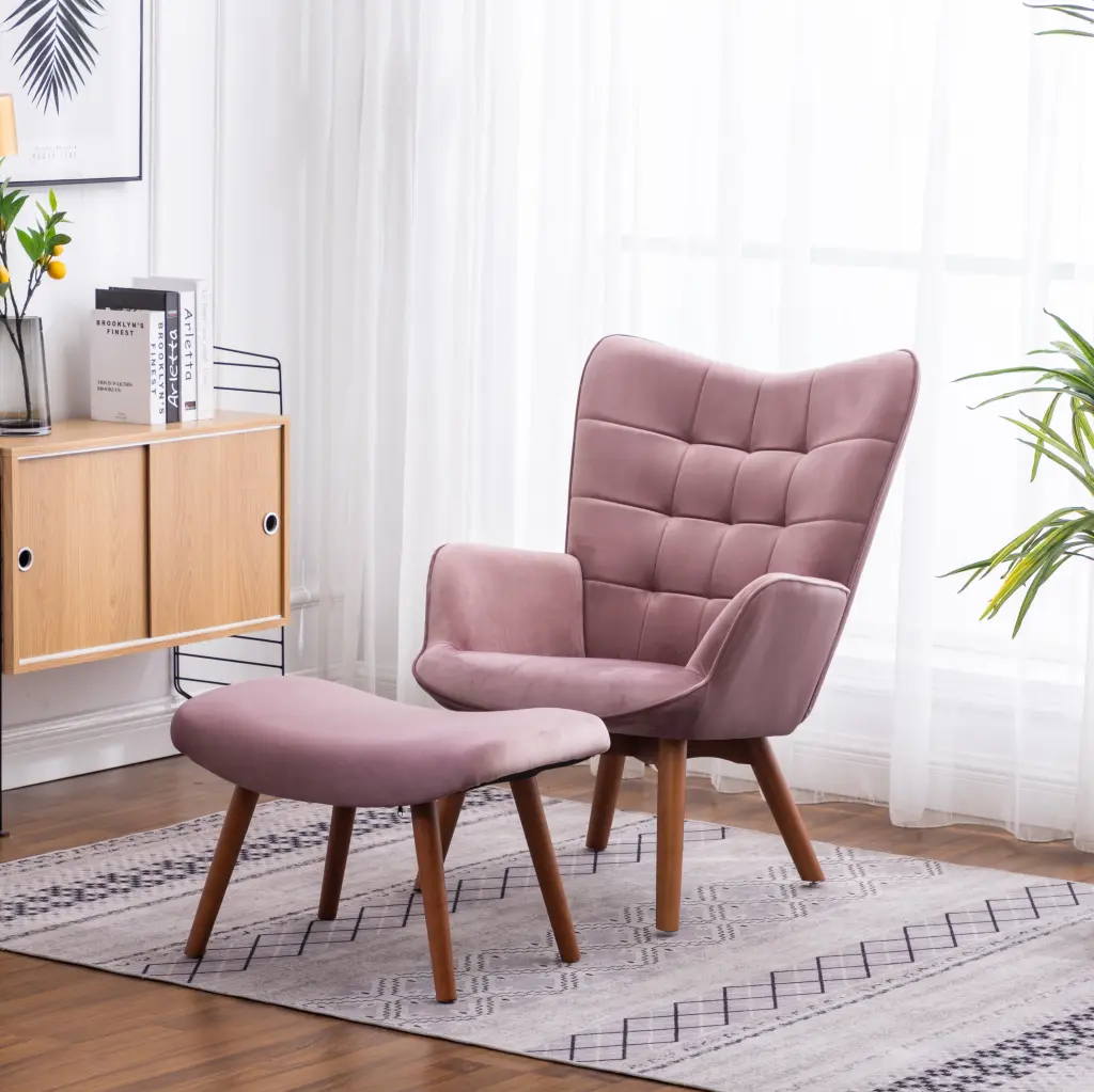 Leiria Contemporary Silky Velvet Tufted Accent Chair Ottoman, Mauve Color hz