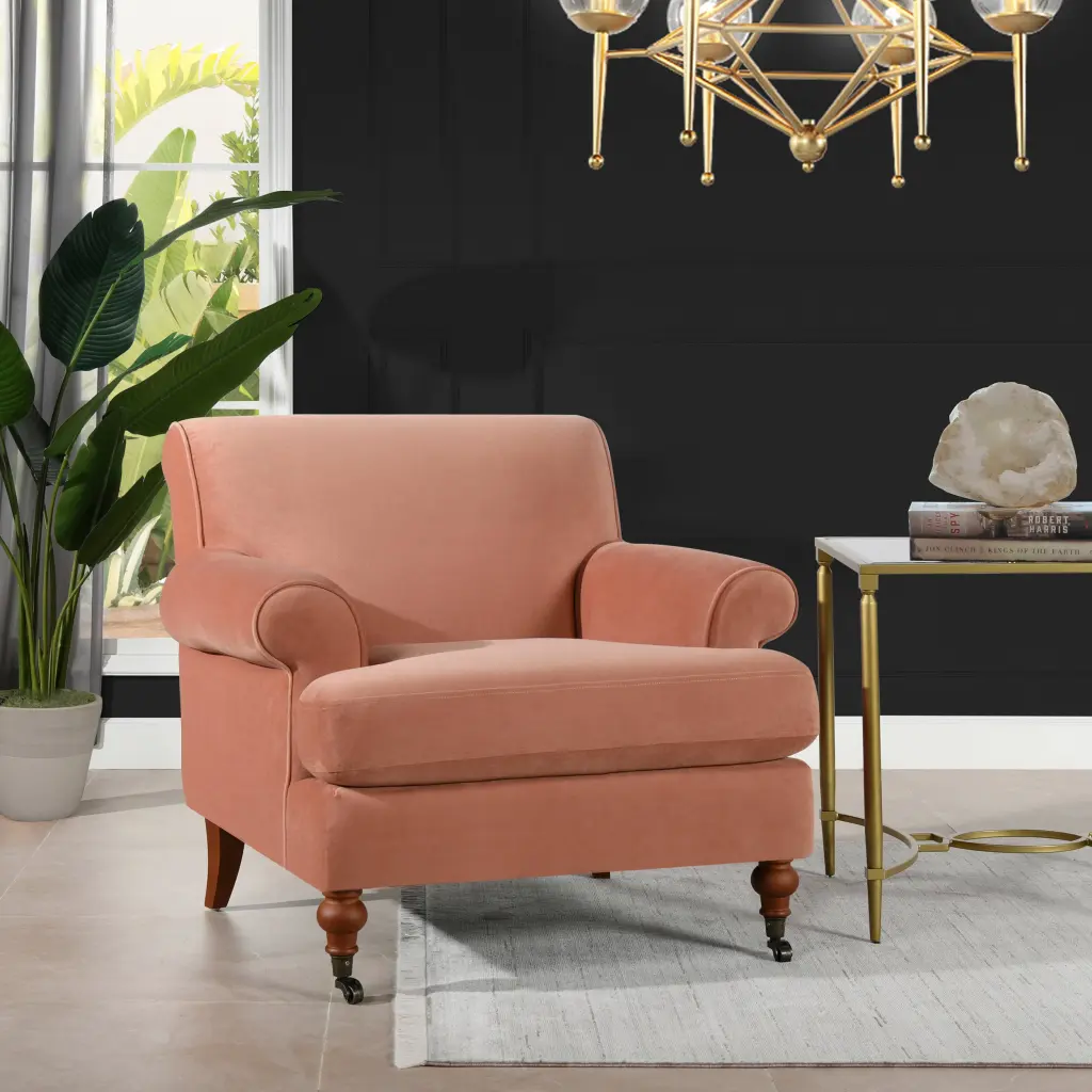 Alana 38 Inch Lawson Accent Arm Chair Metal Casters Peach Orange Velvet jennifer taylor home