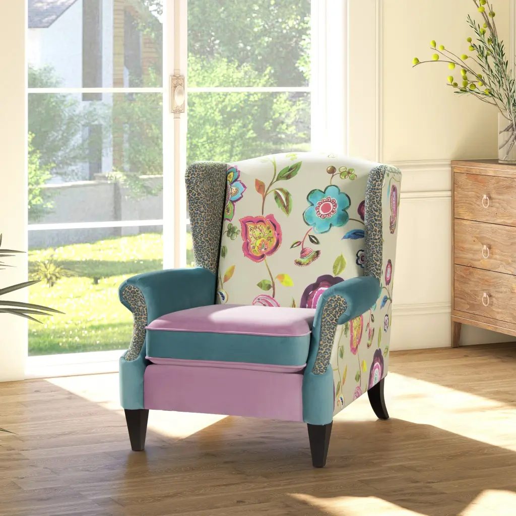 Anya Boho Stylish Wingback Accent Arm Chair Floral Leopard Arctic Blue jennifer taylor home