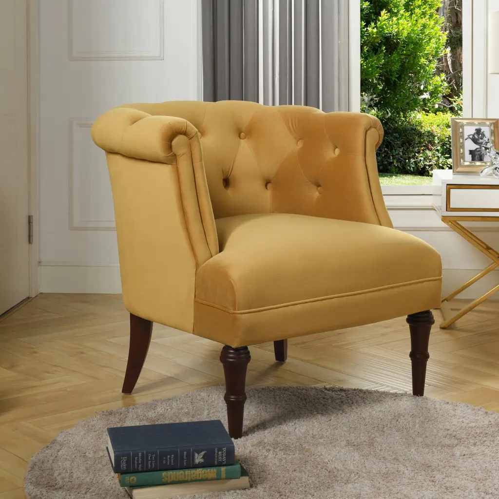 Katherine Tufted Accent Chair Yellow Foam Velvet Precious Metal Finish jennifer taylor home
