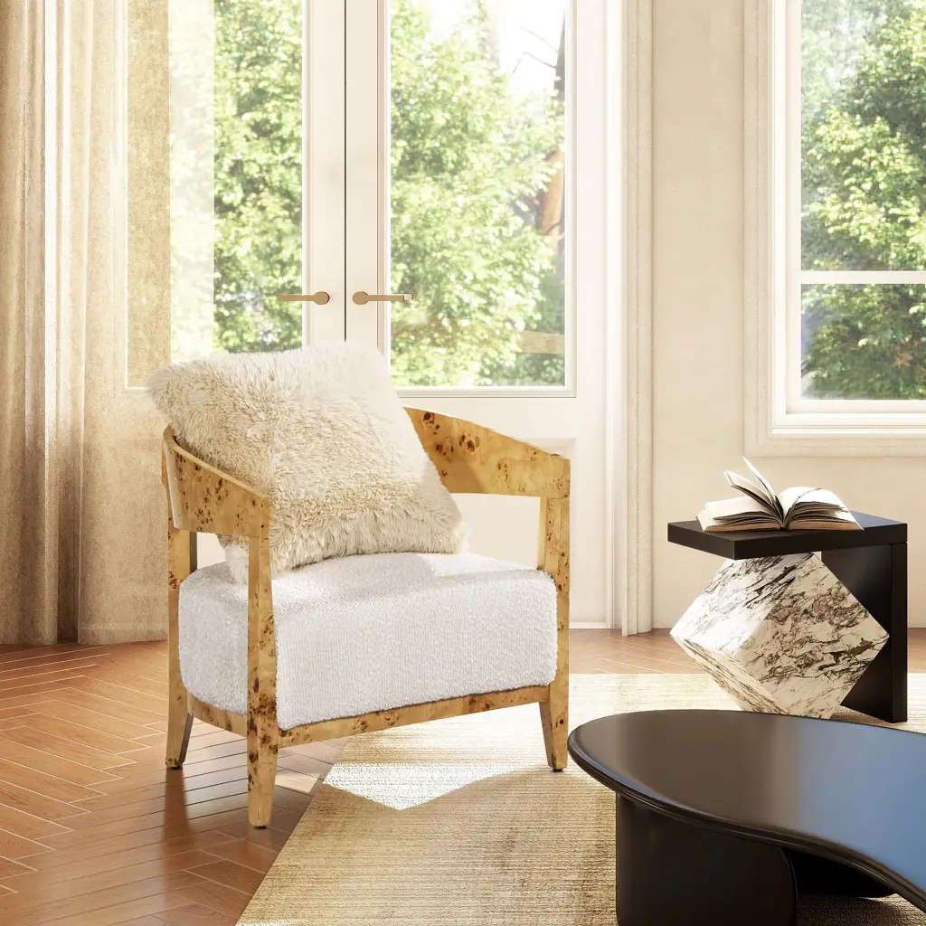 Madrid 26.5 Inch Burl Wood Barrel Accent Arm Chair Seashell White Chenille jennifer taylor home
