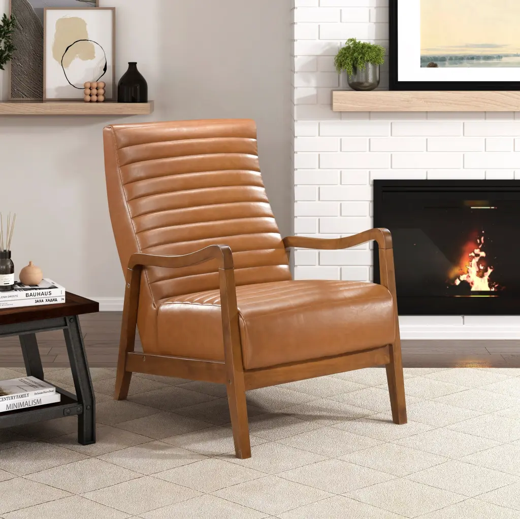 1 Piece Accent Chair Brown Faux Hide Walnut Finish Solid Elastomerwood kanepe