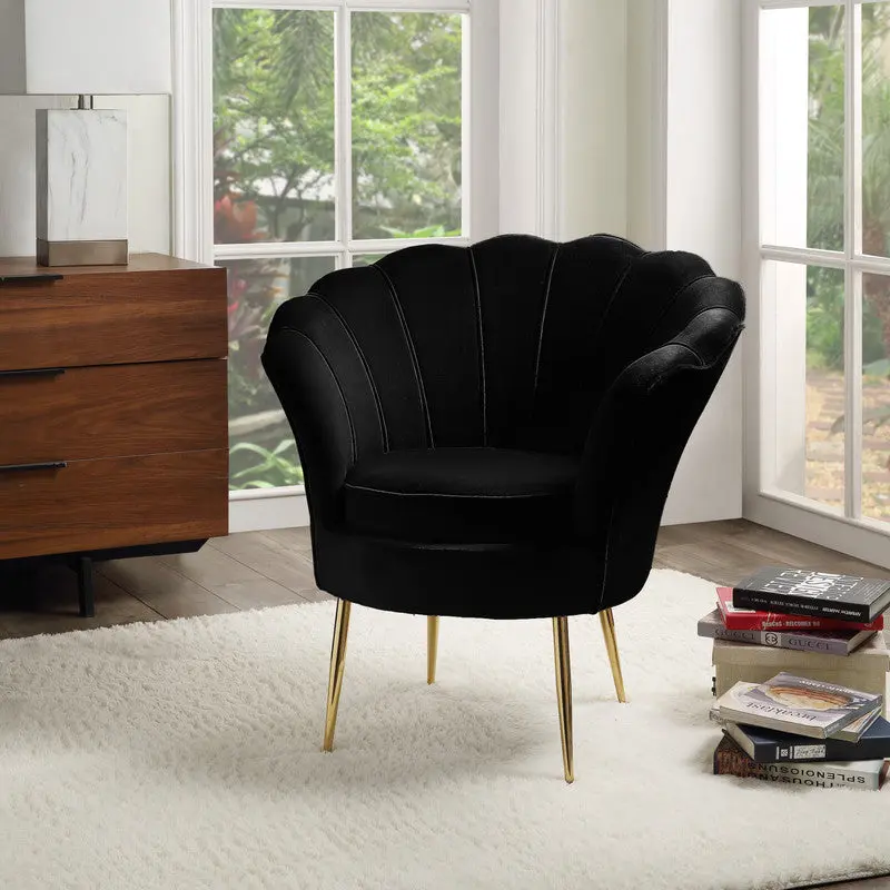 Angelina 34 Inch Black Velvet Scoop Back Barrel Accent Chair Metal Legs lilola home