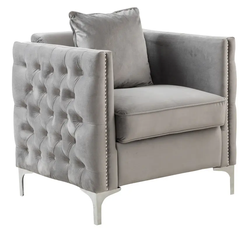 Bayberry 34 Inch Gray Velvet Chair 1 Pillow Modern Upholstered Accent lilola home