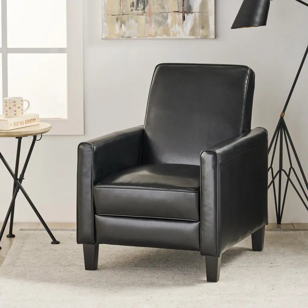 Black Faux Hide Push Back Chair Elegant Home Decor Black PU Leather nh-ocean furniture