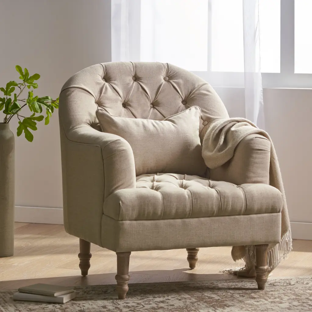 Anastasia Tufted Chair Beige Material Upholstered Accent Chair Living Room nh-perfect home