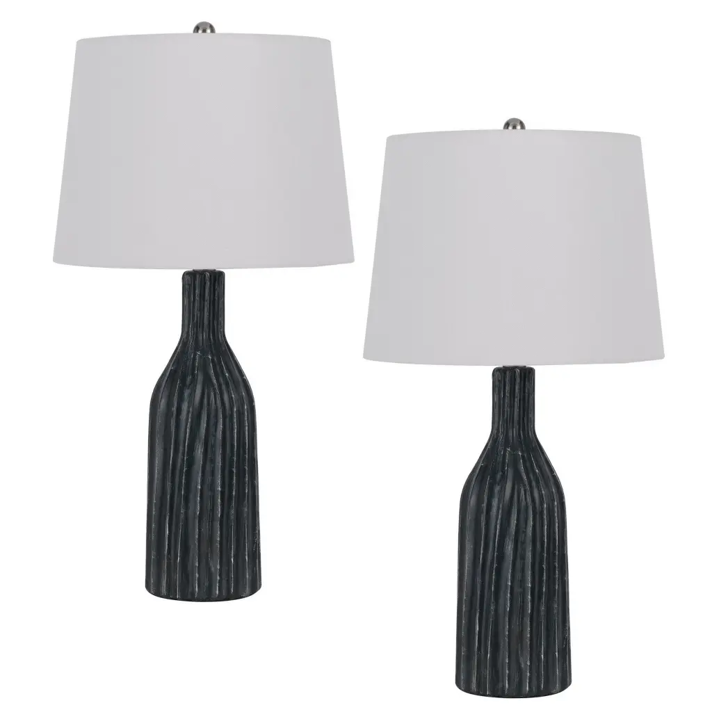 25 Inch Set 2 Artisanal Ceramic Accent Table Lamps Fluted Grayed Base royal hampton