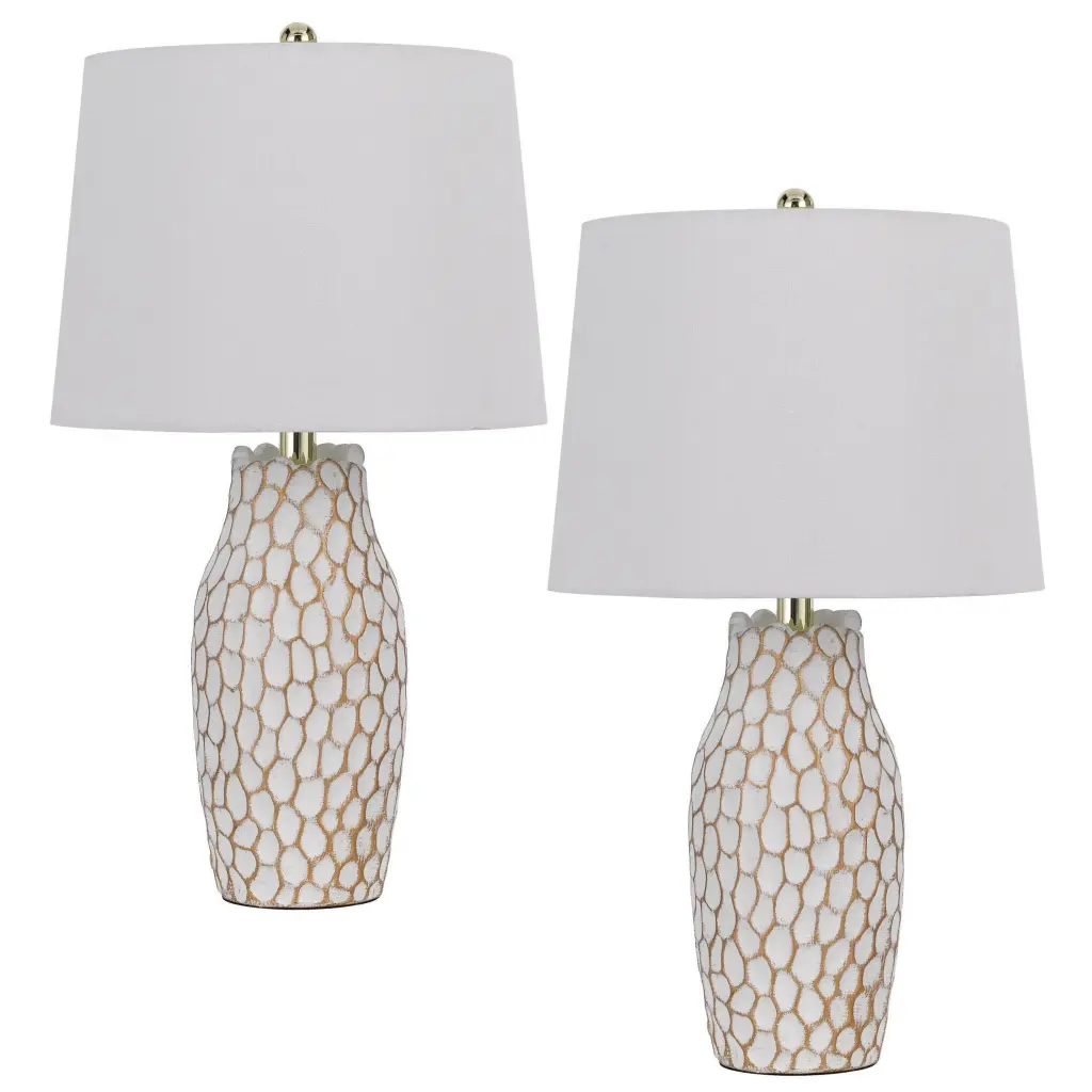 23 Inch Set 2 Ceramic Accent Table Lamps Hammered Base White Gold Bedside Lighting royal hampton