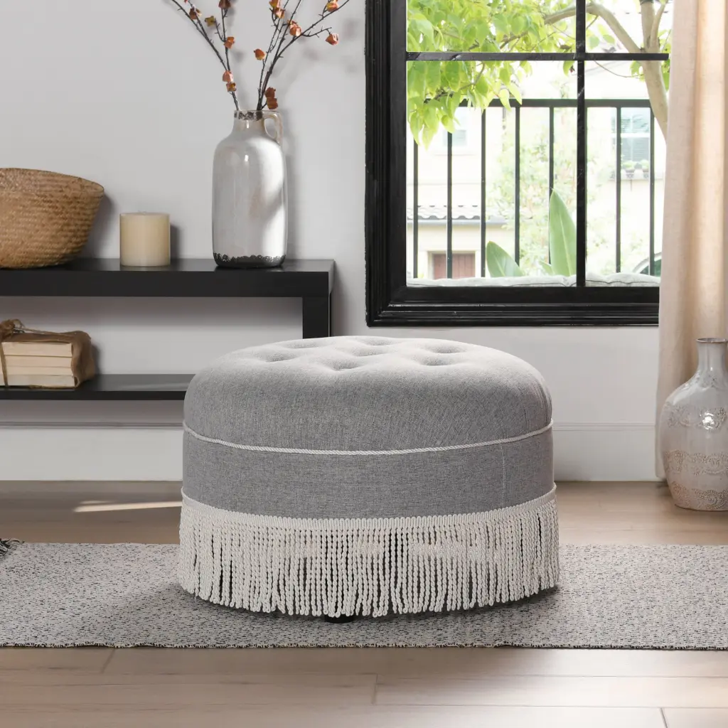 Yolanda 24 Inch Round Upholstered Accent Ottoman Light Gray Polyester Wooden Legs jennifer taylor home