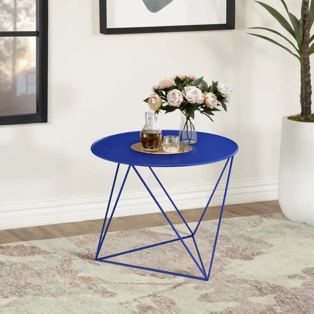 Blue Geometric Metallic Base Accent Table Modern Living Space furniture max