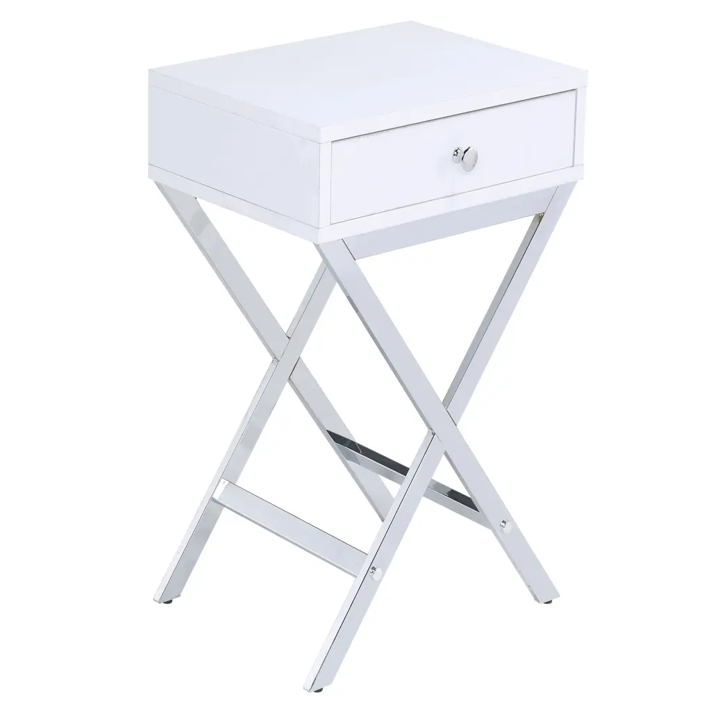 White and Chrome 1 Drawer Rectangular Accent Table Shiny Metal Primary furniture max
