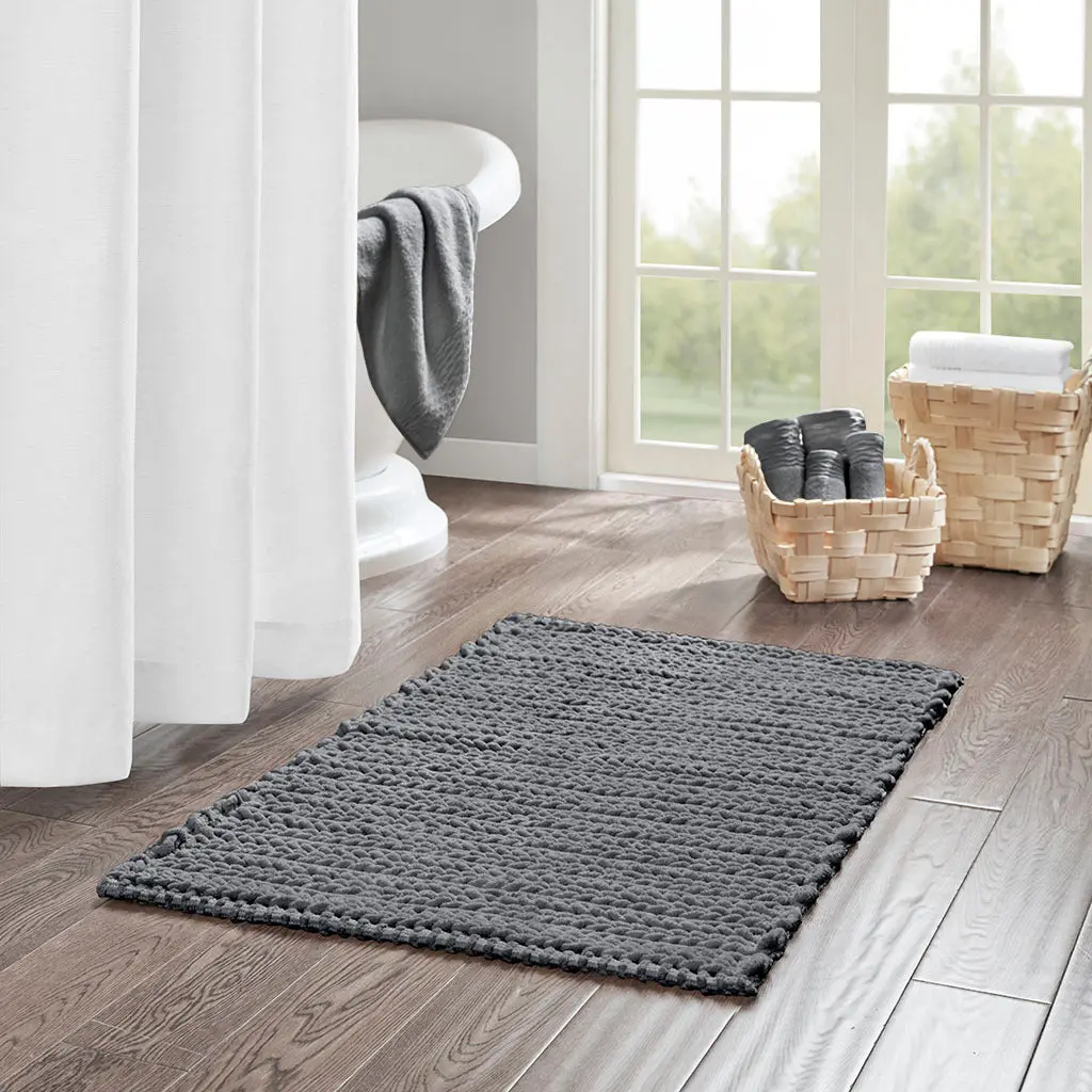100% Cotton Chenille Chain Stitch Rug Charcoal Color Living Room Rug jla