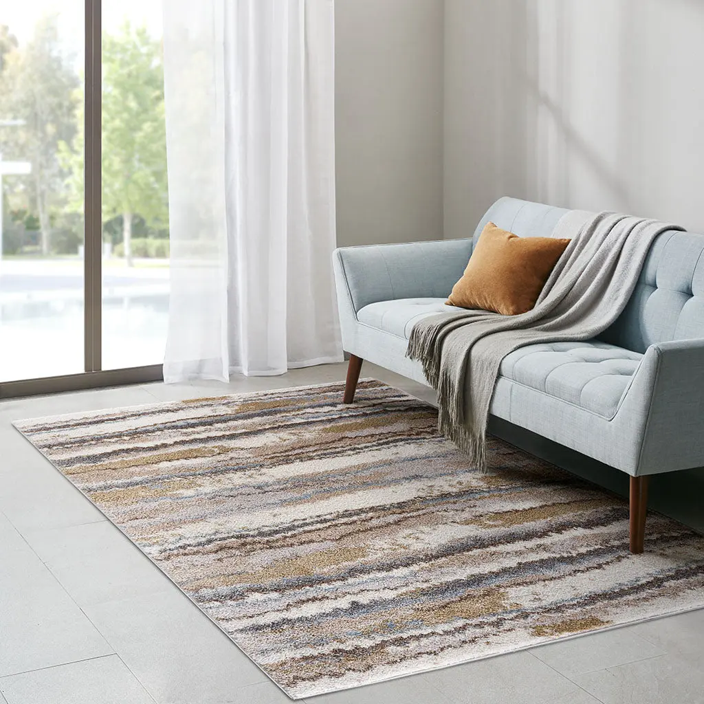 Watercolor Abstract Stripe Woven Area Rug Blue Tan Polyester Non-Slip Rug jla