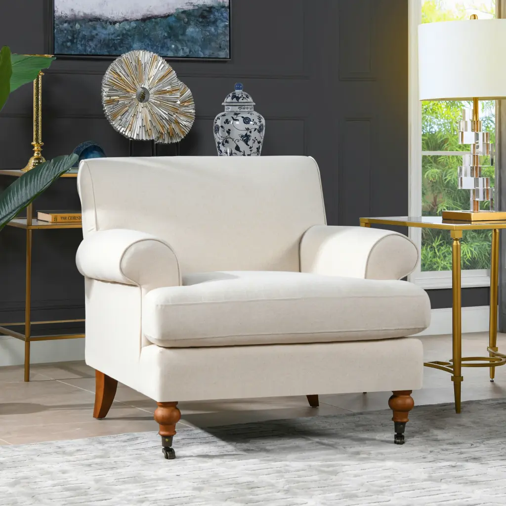 Alana 38 Inch Lawson Accent Arm Chair Metal Casters Light Beige Linen jennifer taylor home