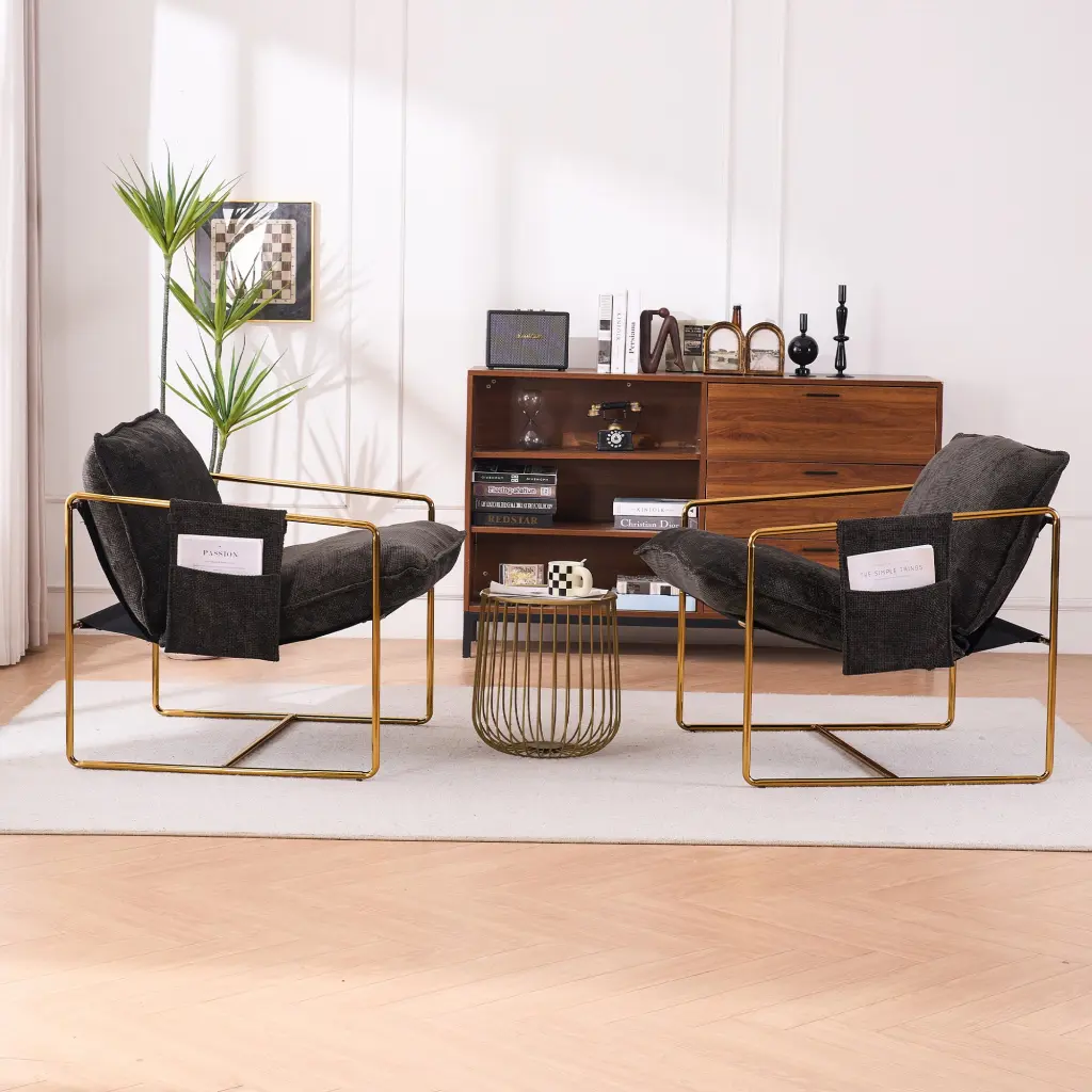 2 Chairs 1 Box Upholstered Hanging Armchair Arm Pockets Metal Frame more furniture