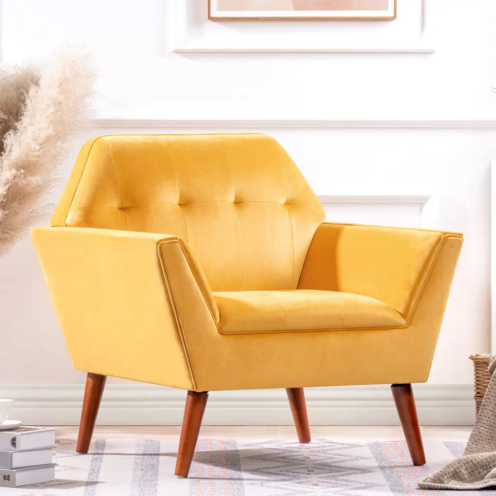 32 Inch Wide Tufted Armchair, Yellow Polyester Upholstered Accent Chair rnb