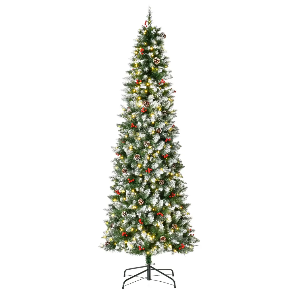 Homcom 7.5Ft Pre Lit Snow Dipped Artificial Christmas Tree Realistic Pine Cones And Berries aosom business