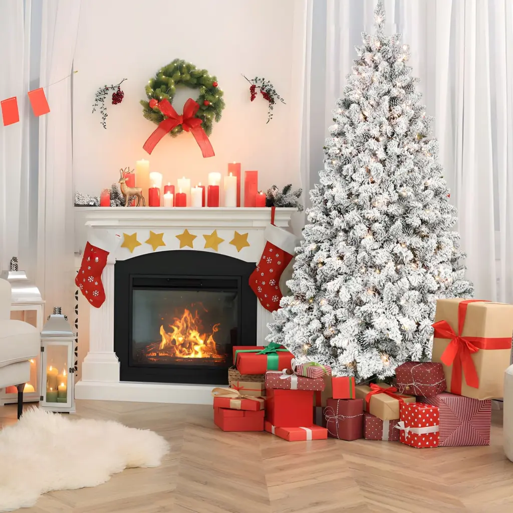 7 Foot Snow Flocked Artificial Christmas Tree Pine Cones and Prelit Lights heyuan limei tree-light technology co.-td