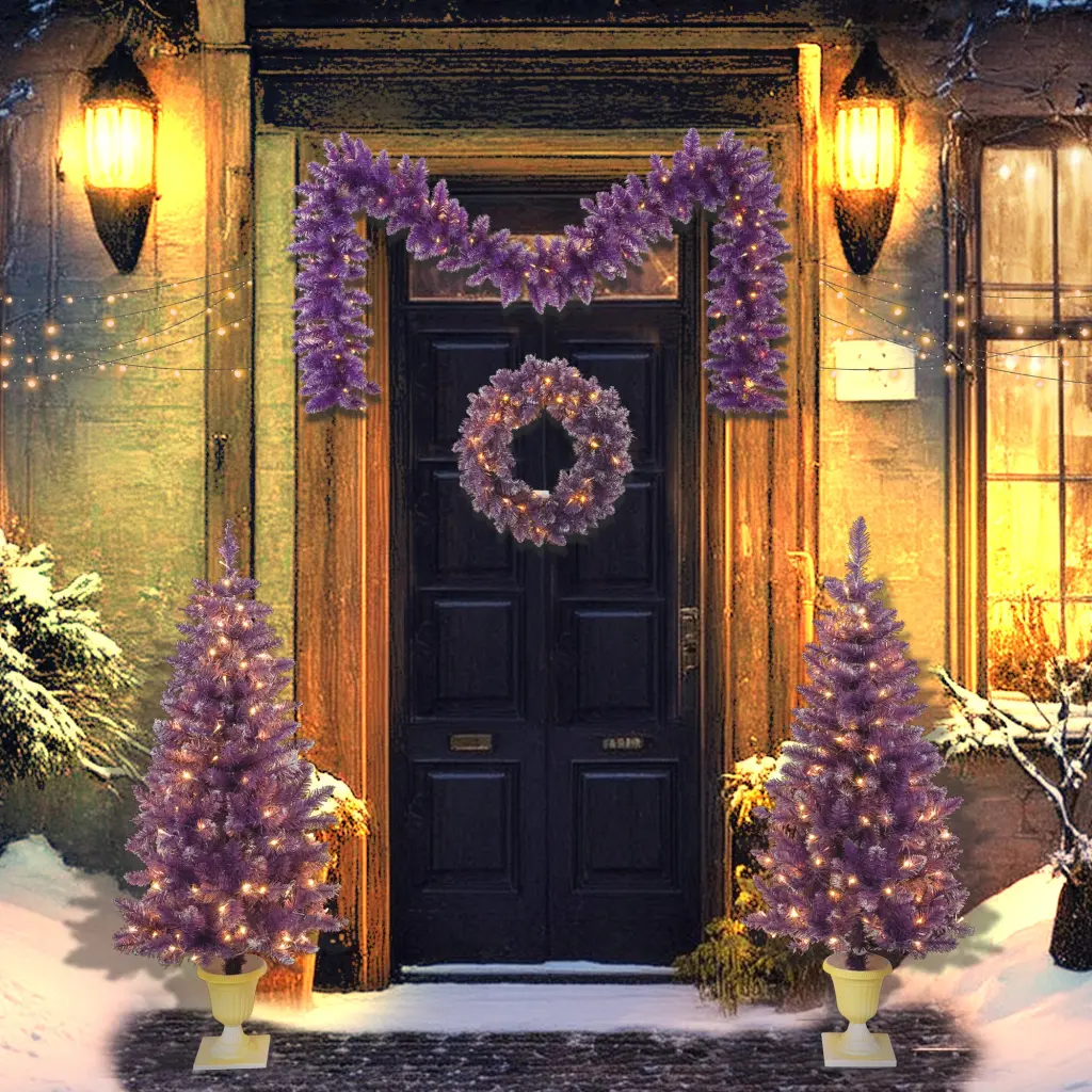 Pre Lit Christmas Artificial Tree 4 Piece Set Garland Wreath mrs