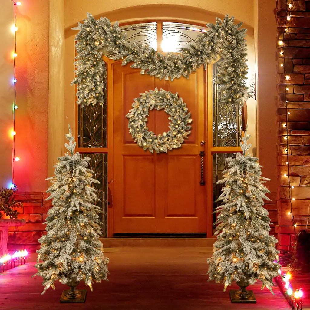 Pre Lit Christmas Artificial Tree Set Garland and Wreath mrs