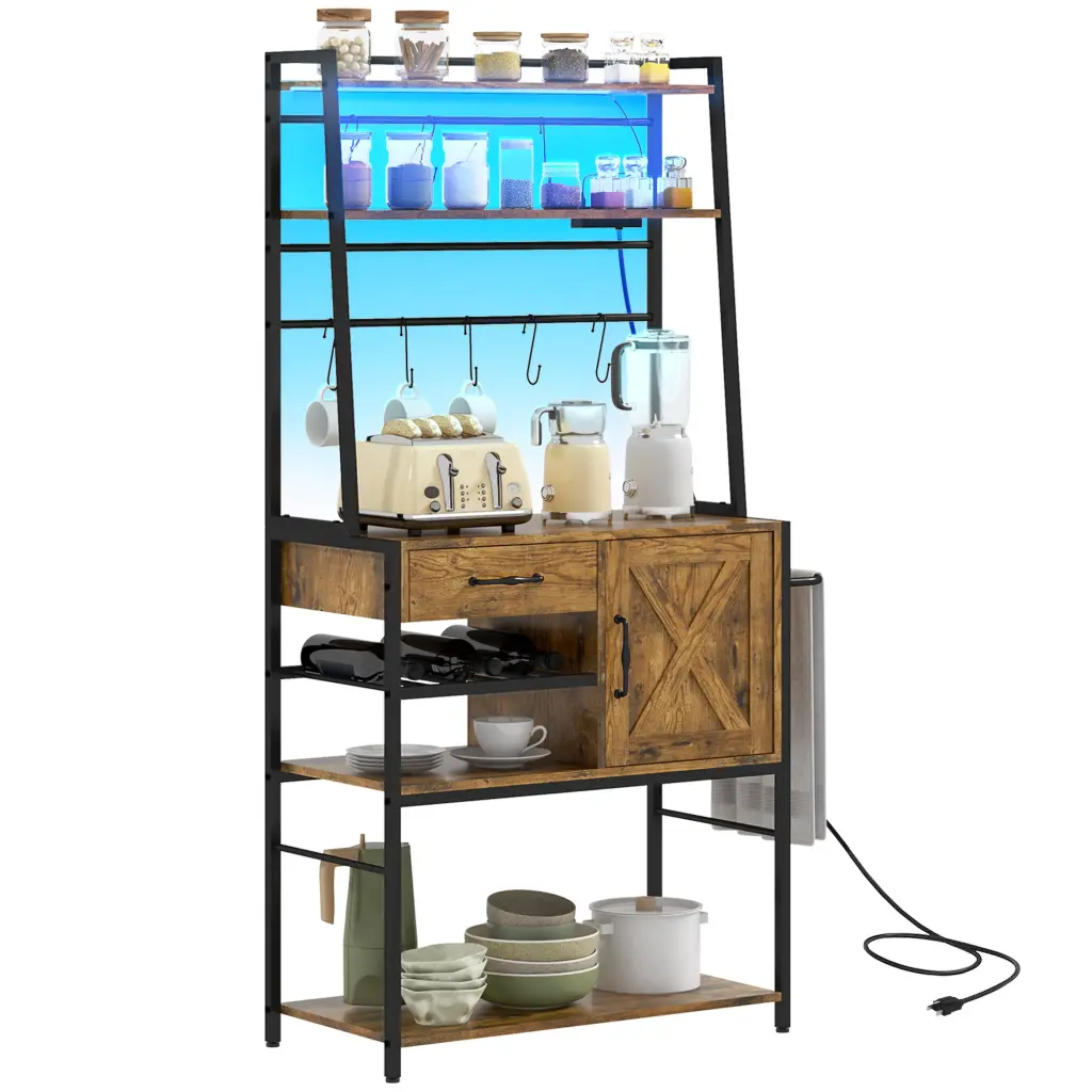Homcom Baker's Rack Power Outlet and LED Lights Coffee Bar aosom business