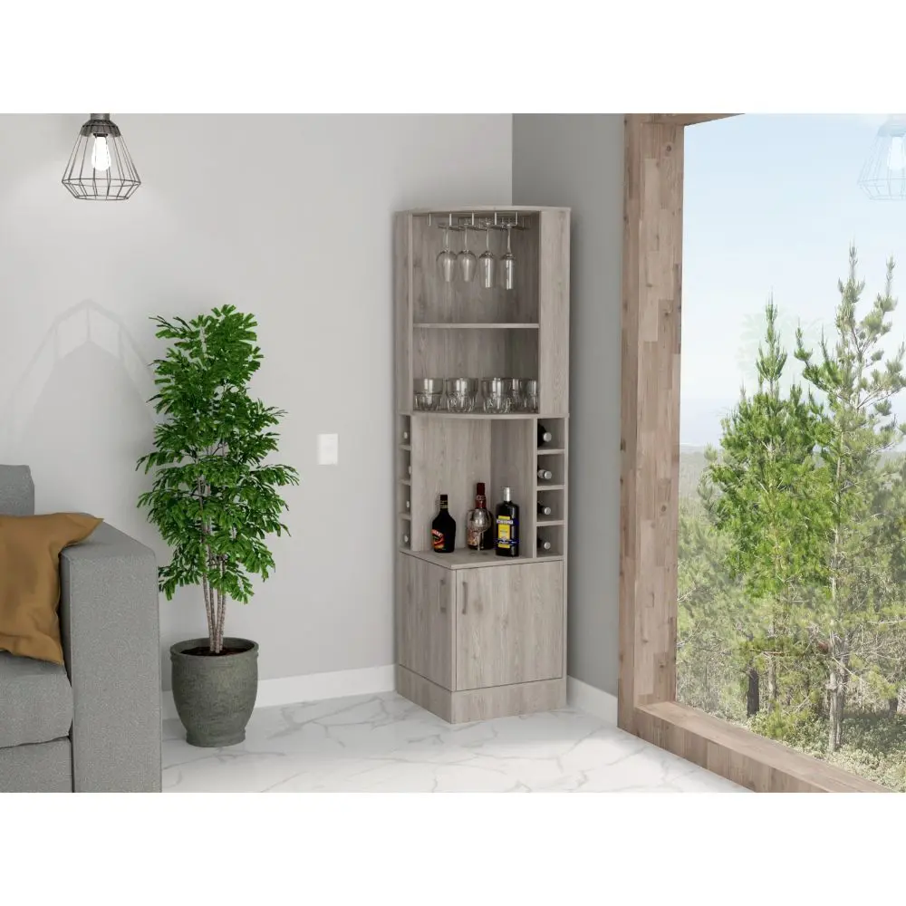 Seattle Bar Cabinet Eight Bottle Cubbies and Two Large Open Shelves Light Wood Finish fm furniture