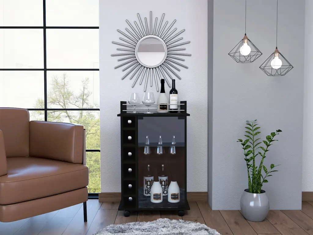 Vegas Bar Shopping-basket Two Tier Cabinet Glass Door Six Cubbies Liquor Storage fm furniture