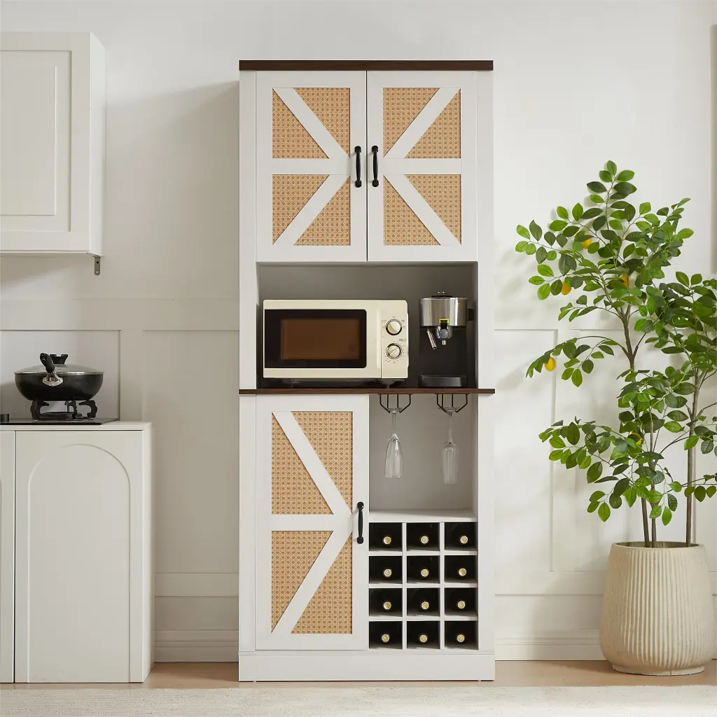 76 Inch Tall Farmhouse Style Faux Rattan Wine Bar Cabinet Kitchen Storage rnb