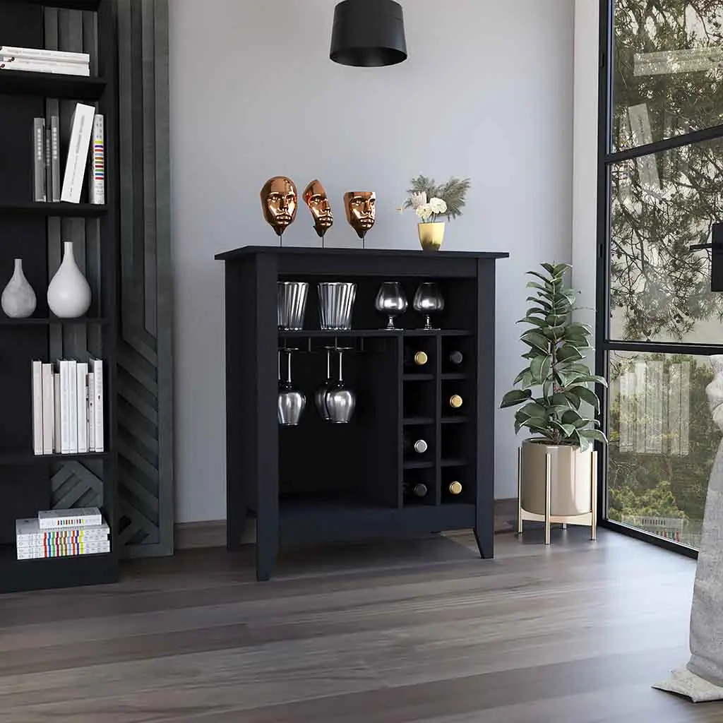Bar Cabinet Castle One Open Shelf and Six Wine Cubbies Black Wengue Finish treevol furniture