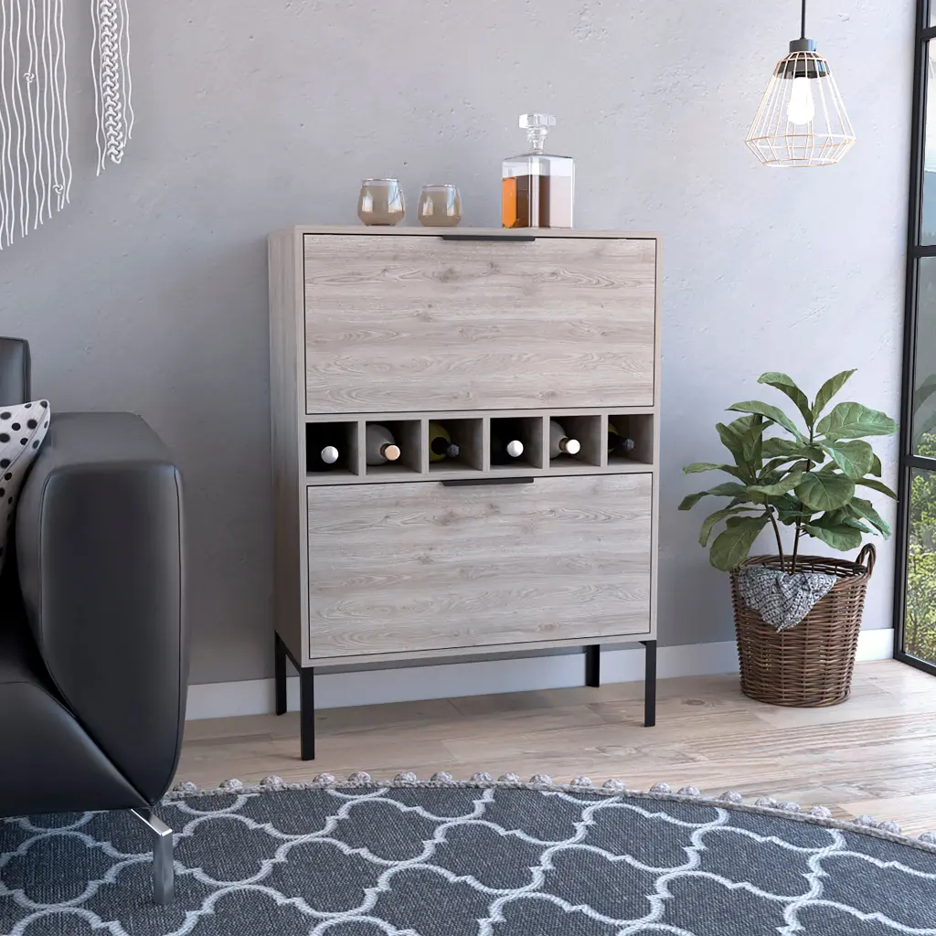 Bar Cabinet Puertu Six Wine Cubbies Double Door Light Gray Storage treevol furniture