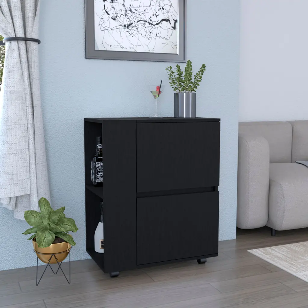 Glasgow Bar Cabinet Two Pull Down Doors and Open Shelves tuhome