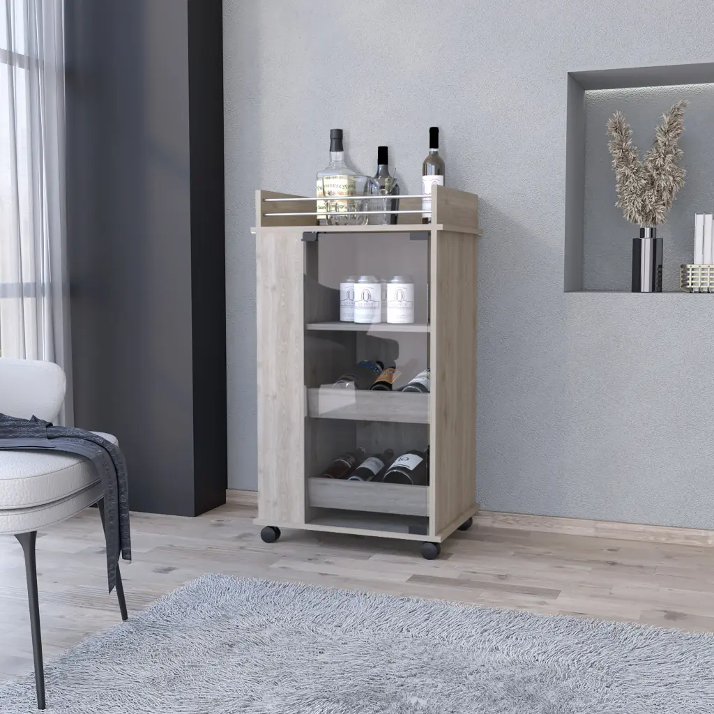 Lusk Bar Shopping Basket 2 Bottle Holder Shelf Crystal Door And Casters fm furniture