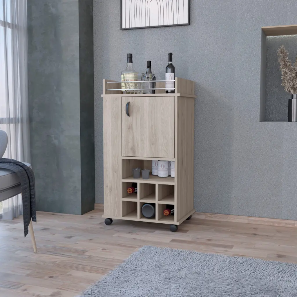 Allandale 1 Door Bar Cart Shopping Basket Wine Rack and Casters Light Gray furniture max