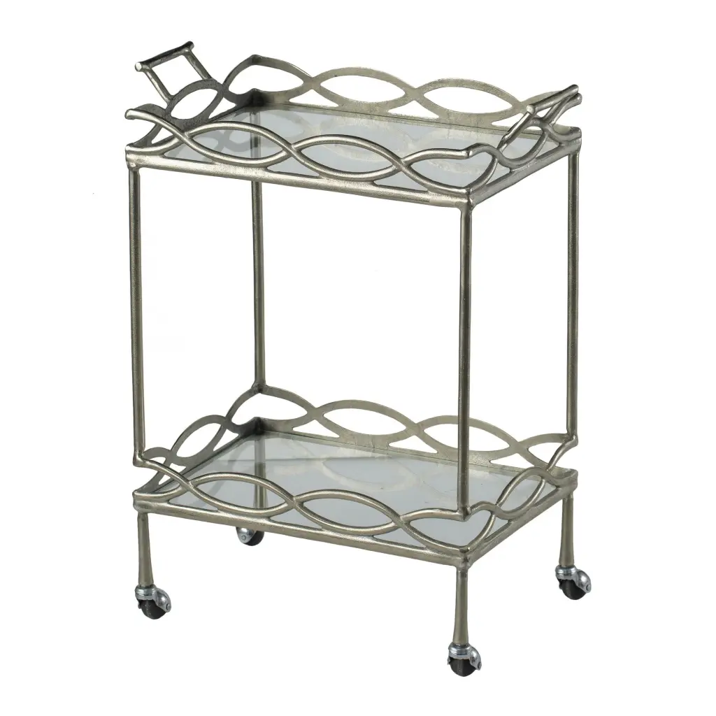 30 Inch Aluminum Bar Cart 2 Tier Glass Shelves Vibrant Accents Silver royal hampton