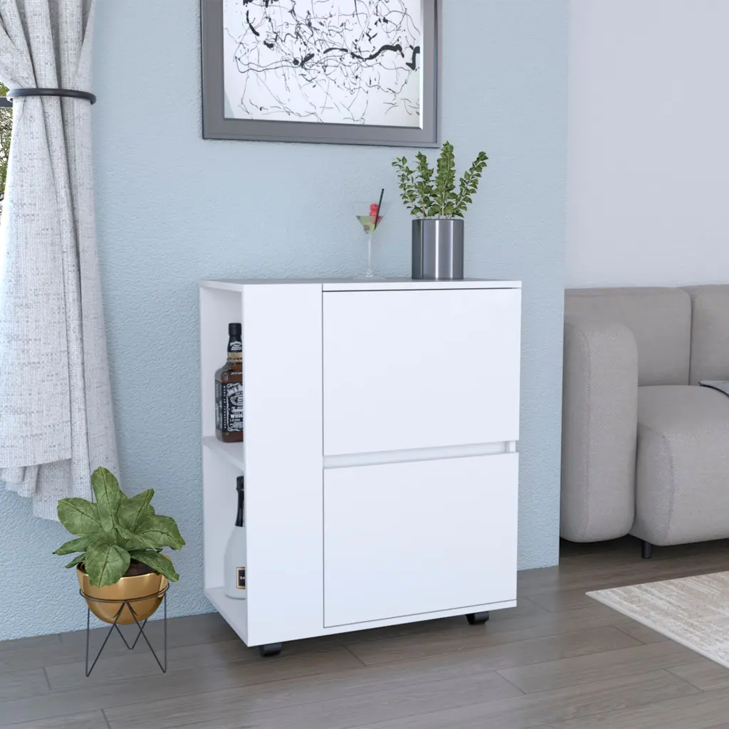 Glasgow Bar Cart Two Pull Down Door Cabinets and Two Open Shelves White rta muebles colombia