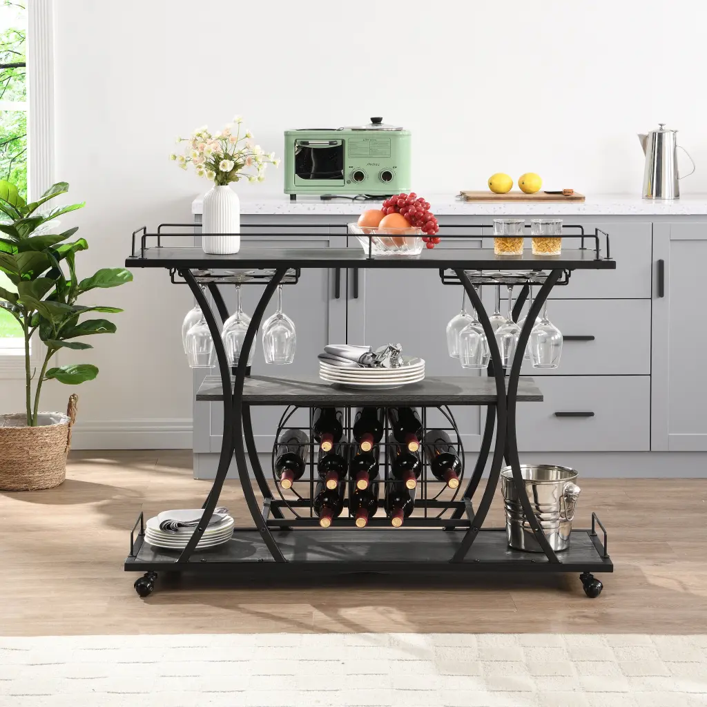 Industrial Bar Cart Kitchen Serving Cart Home Wheels 3 Tier Metal Cart s-e furniture