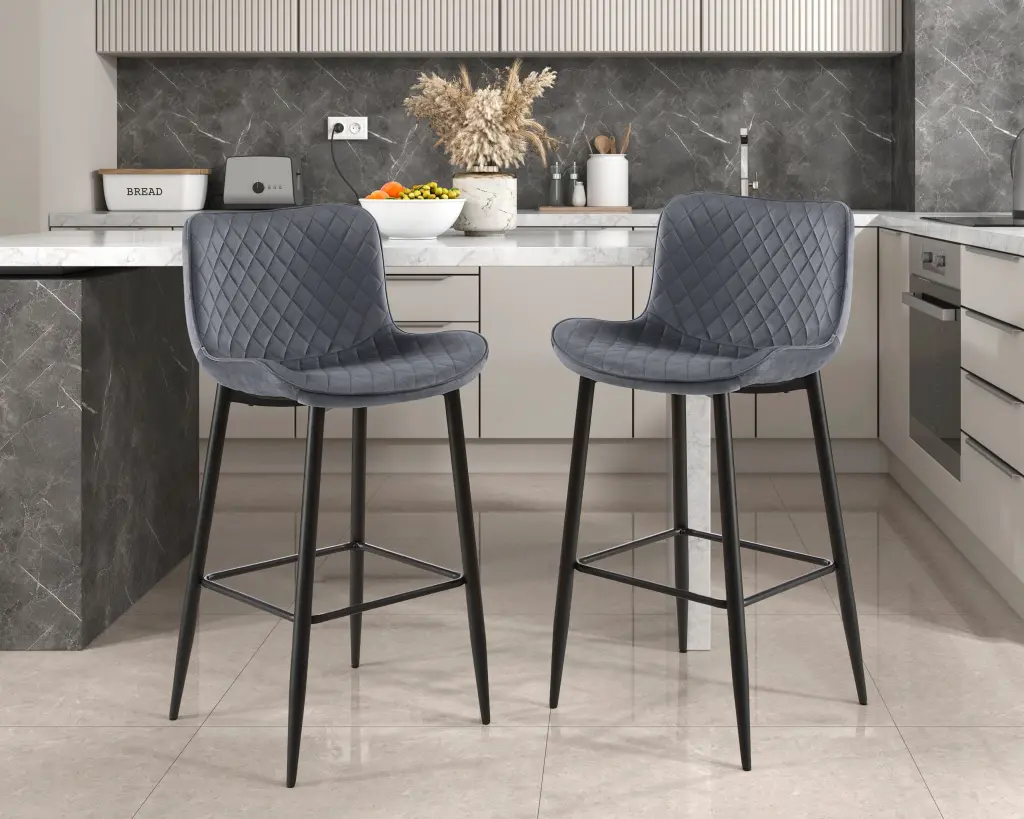 Set 2 Pub Height Chairs Dark Gray Velvet Upholstery Modern Casual Dining Chairs kanepe