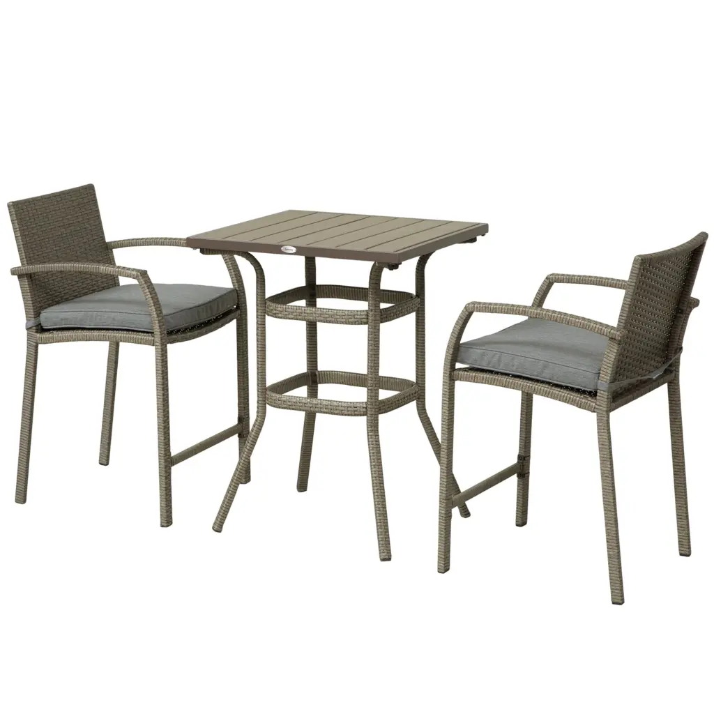 Outsunny 3 Pcs Rattan Wicker Bar Set Wood Grain Top Table And 2 Bar Stools Outdoor aosom business