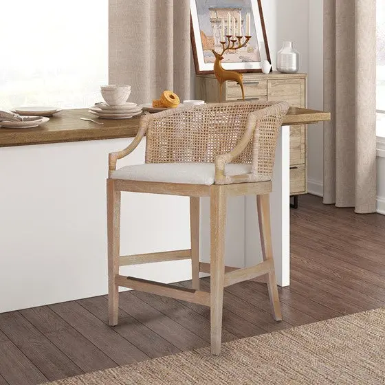 Artisan-made Rattan Counter Stool 25 Inches H Natural Whitewash Polyester Seat jla