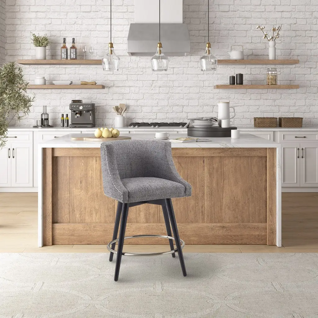 Swivel Counter Stool Grey Polyester Upholstered Bar Stool Adjustable Height jla