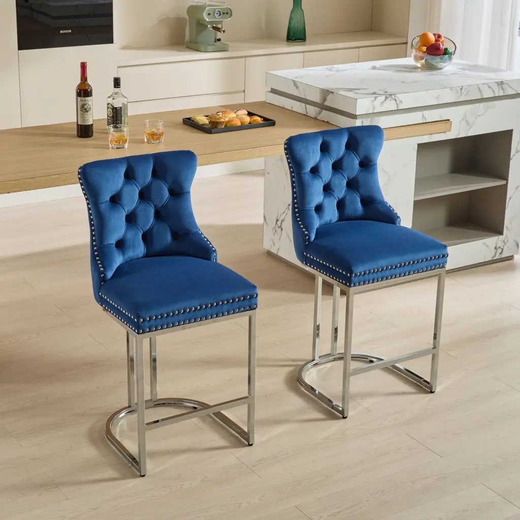 25 Inch Counter Height Velvet Bar Stools Set 2 Button Tufting a-a furniture
