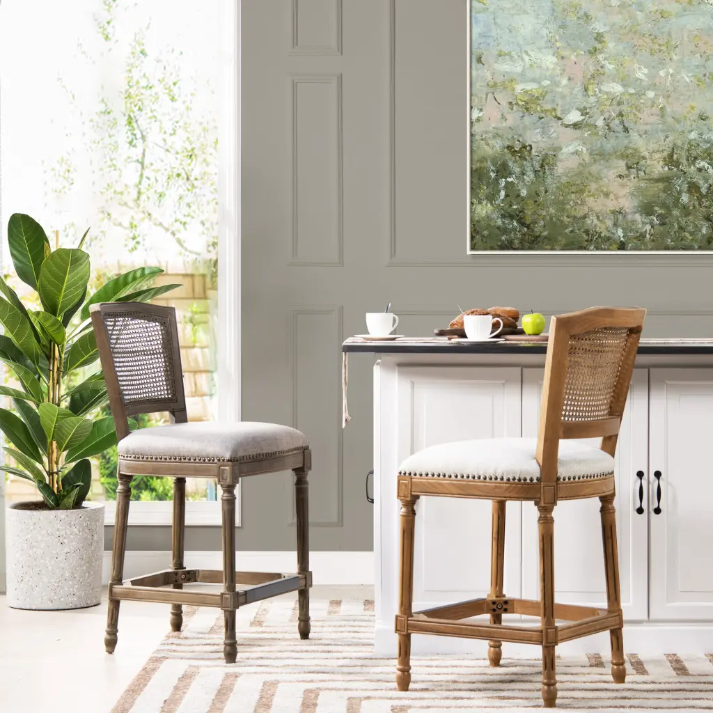 Triomphe Rattan Wicker High Back Armless Counter Bar Stool White Pepper jennifer taylor home